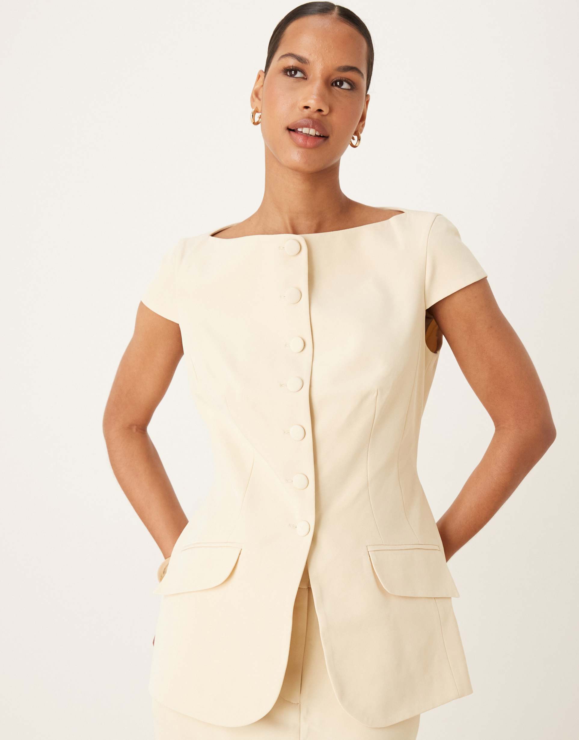 asos design molded hips cap sleeve blazer in buttermilk - part of a set