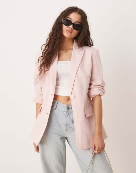 ASOS DESIGN molded hips linen blend blazer in pink - view 1