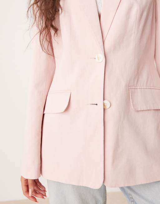 ASOS DESIGN molded hips linen blend blazer in pink, 3 of 4
