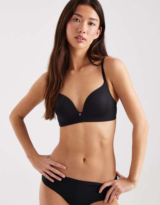 ASOS DESIGN molded non wired padded bra with charm detail and embossed straps in black, 3 of 4