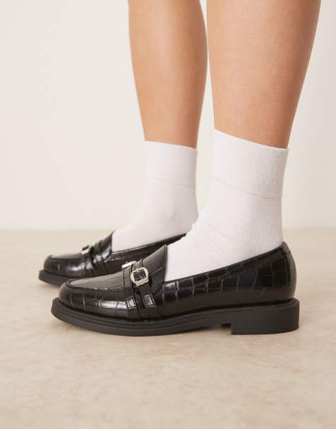 ASOS DESIGN Molly double buckle loafer in black croc - view 1