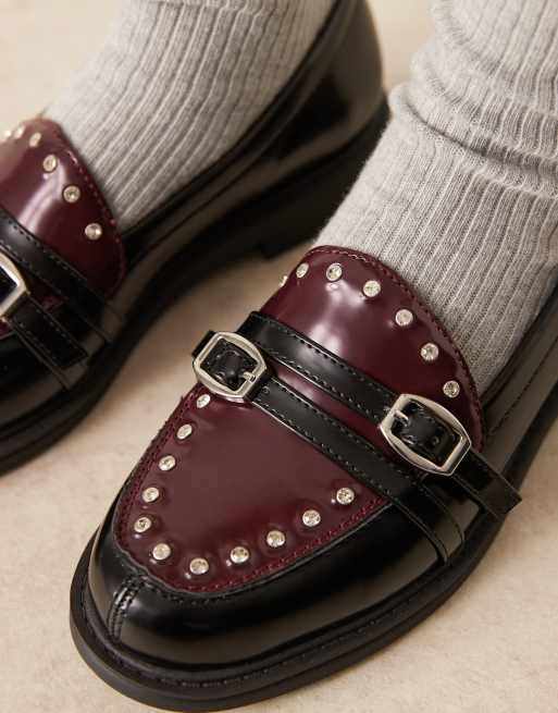 ASOS DESIGN Molly double buckle loafers in black and burgundy