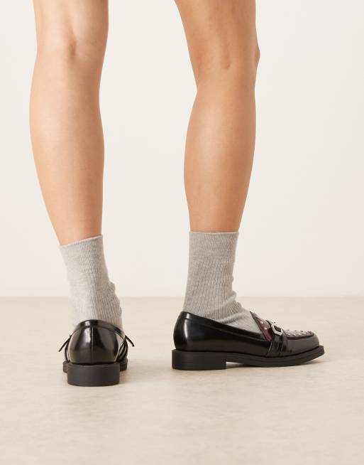 ASOS DESIGN Molly double buckle loafers in black and burgundy