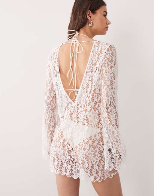 ASOS DESIGN – Molly – Kurzes Sommerstrandkleid aus Spitze in Elfenbeinweiß , 3 von 4