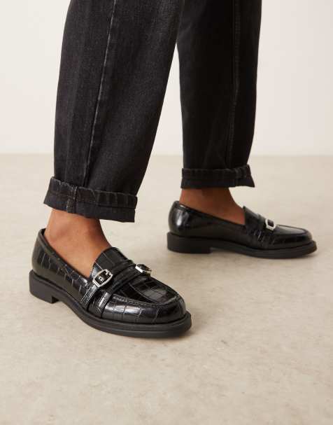 ASOS DESIGN - Molly - Loafers met dubbele gesp in zwart met krok-effect - view 1