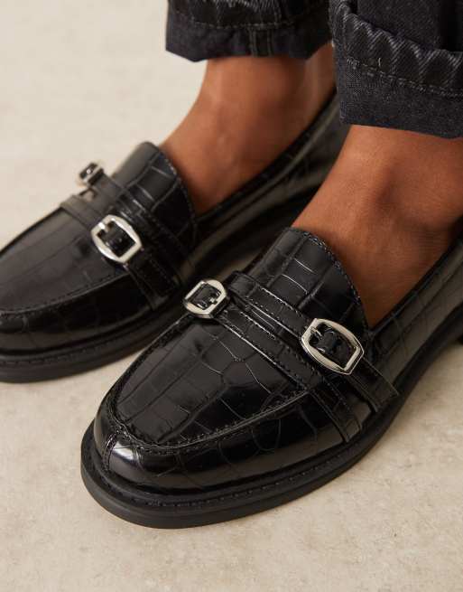 ASOS DESIGN – Molly – Svarta, krokodilskinnsmönstrade loafers med dubbla spännen, 4 av 4