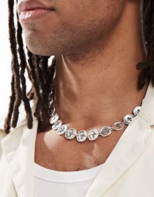 Asos Design Molten Button Link Chain Necklace In Silver