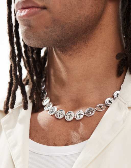 ASOS DESIGN molten button link chain necklace in worn silver tone