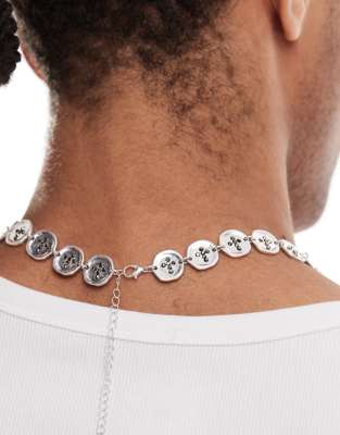 Asos Design Molten Button Link Chain Necklace In Silver