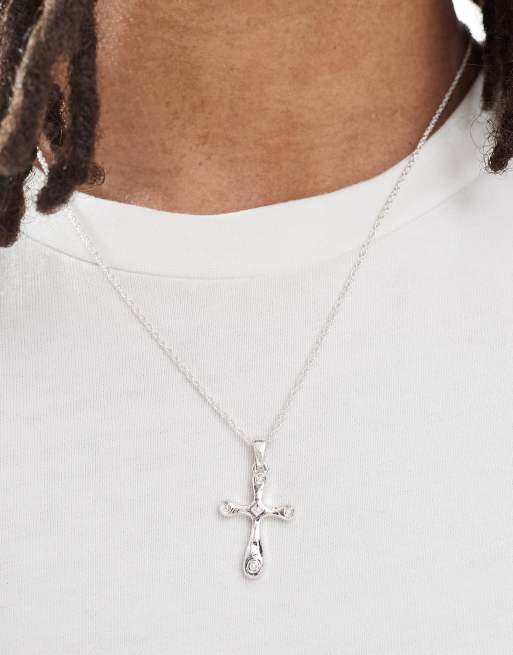 ASOS DESIGN molten cross pendant necklace in worn silver tone