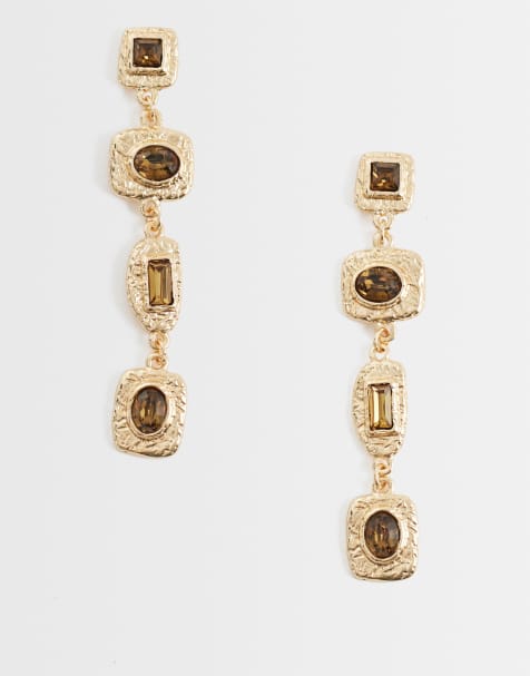ASOS DESIGN molten pendant drop earrings with faux-topaz stones in gold tone - view 1