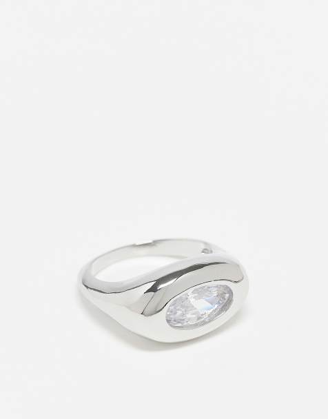 ASOS DESIGN molten signet ring with crystal in silver tone - view 1