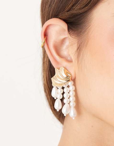 ASOS DESIGN molten stud with faux pearl drops in gold tone - view 1