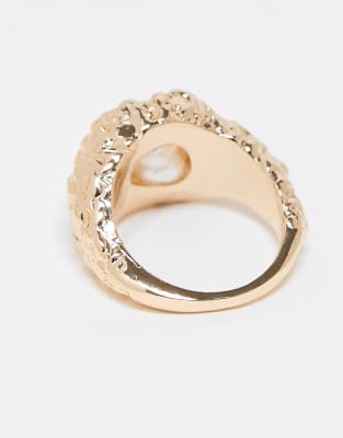 Asos Design Molten Texture Ring With Faux Pearl