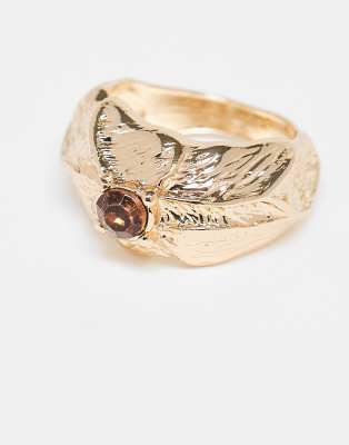Asos Design Molten Textured Ring With Amber Crystal In Gold