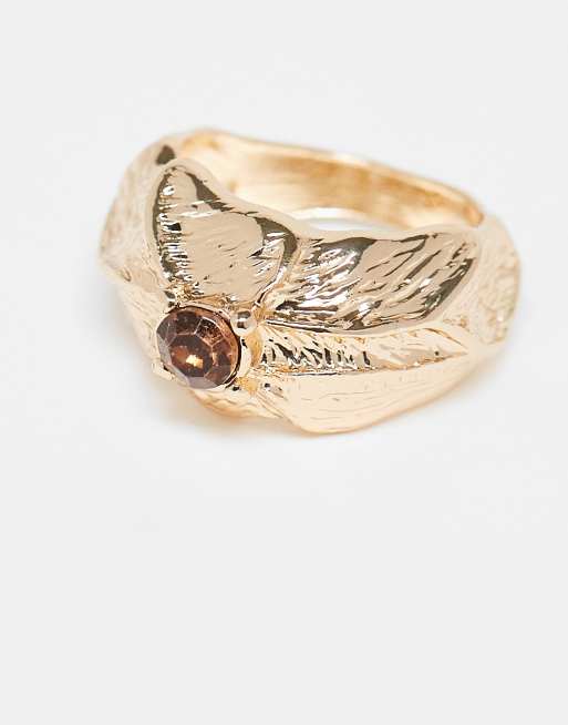ASOS DESIGN molten textured ring with amber crystal in gold tone