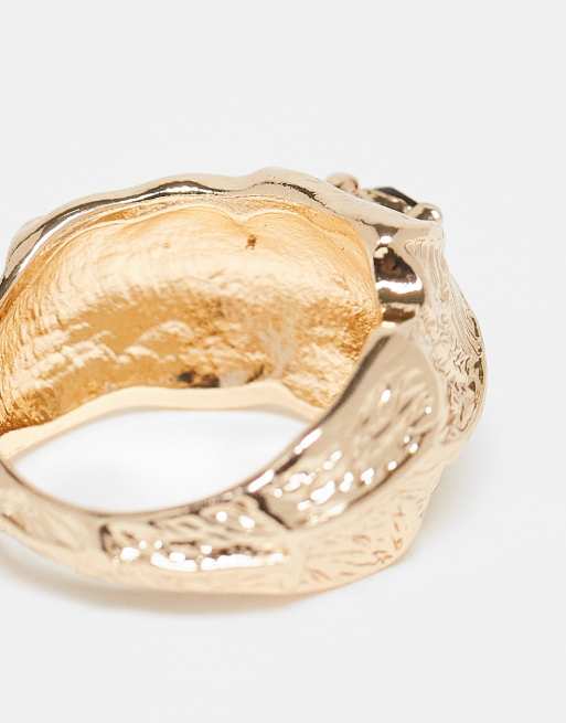 ASOS DESIGN molten textured ring with amber crystal in gold tone