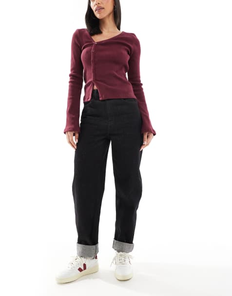 ASOS DESIGN mom jean with contrast stitching in black ecru - view 1