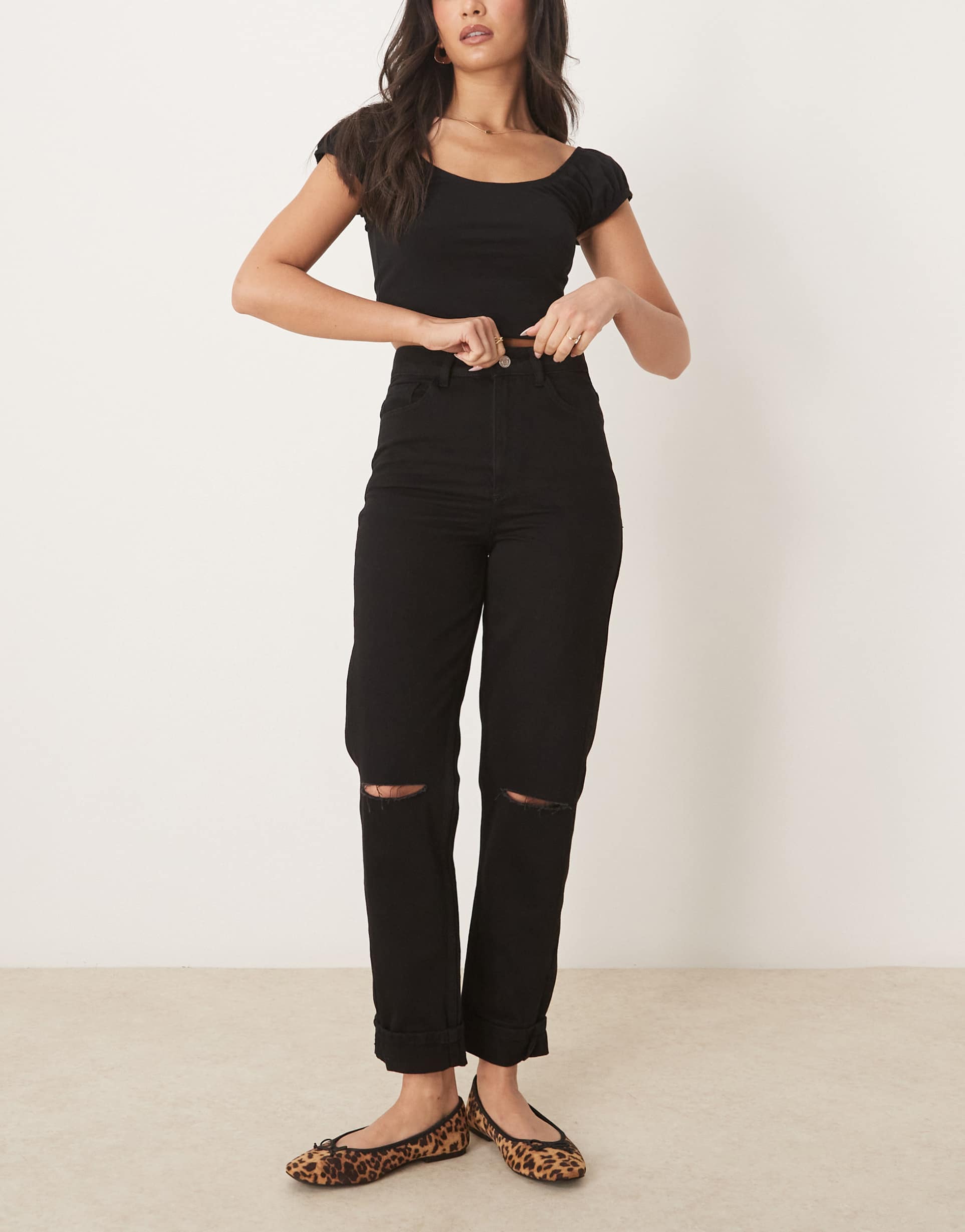 asos design mom jean with rips in washed black