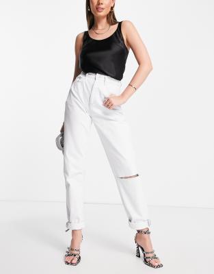 ASOS DESIGN - Mom-Jeans in heller Waschung mit Knieriss-Blau