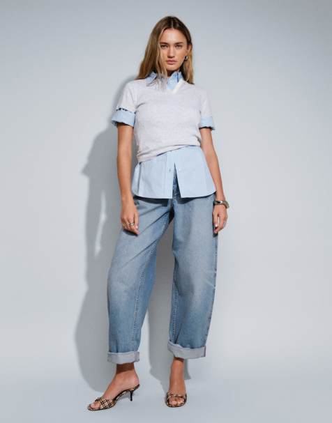 ASOS DESIGN mom jeans med uppvikt fåll i mellanljus blå tvätt - view 1