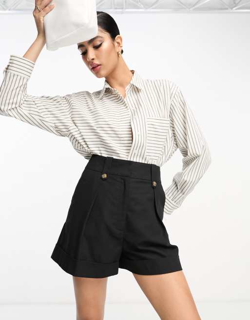 ASOS DESIGN mom short with waist tabs with linen in black