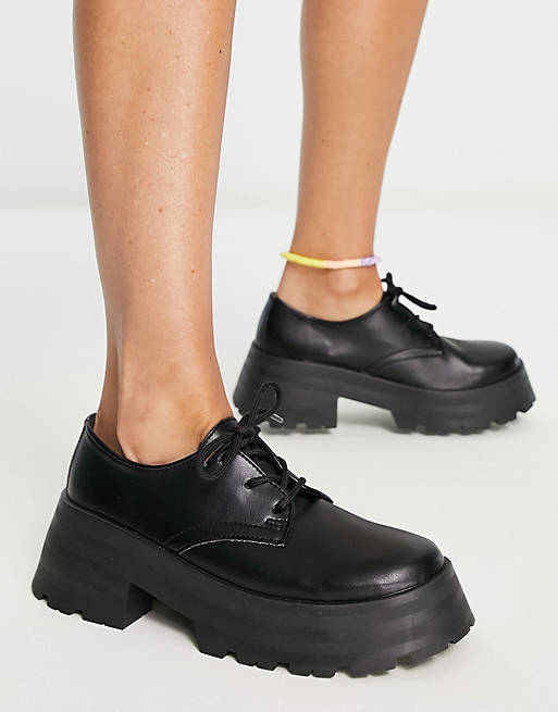 ASOS DESIGN Monday chunky lace up flat shoes in black | ASOS