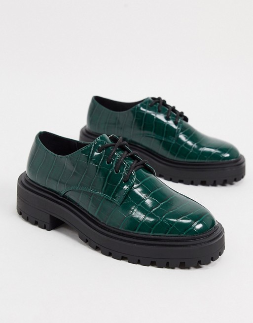 ASOS DESIGN Money chunky lace up flat shoes in forest green croc