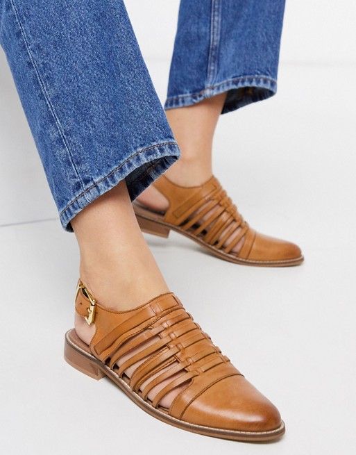ASOS DESIGN Monica leather woven flat shoes in tan