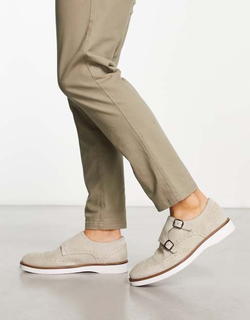 ASOS DESIGN – Monk-Schuhe im Budapester Stil aus Wildleder in Steingrau mit weißer Keilsohle