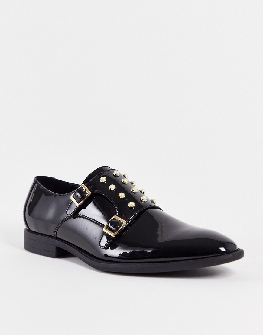 ASOS DESIGN monk shoe in black patent faux leather with faux pearl detail