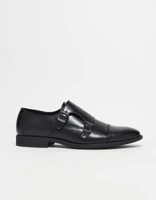 Asos Design Monk Shoes In Black Faux Leather With Emboss Panel