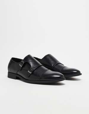 ASOS DESIGN monk shoes in black faux leather with emboss panel
