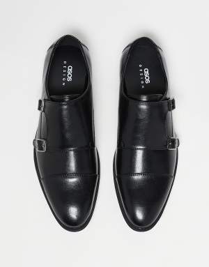 ASOS DESIGN monk shoes in black faux leather with emboss panel