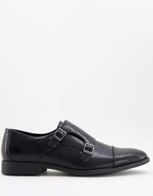 Asos Design Monk Shoes In Black Faux Leather With Emboss Panel In Black
