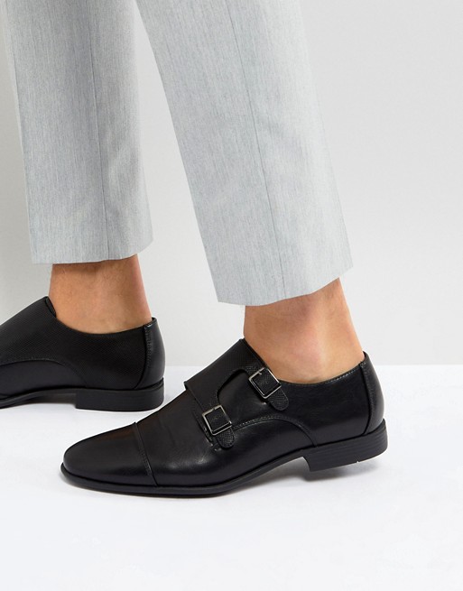 ASOS DESIGN monk shoes in black faux leather with emboss panel | ASOS