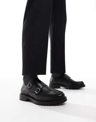 monk shoes in black leather with chunky sole