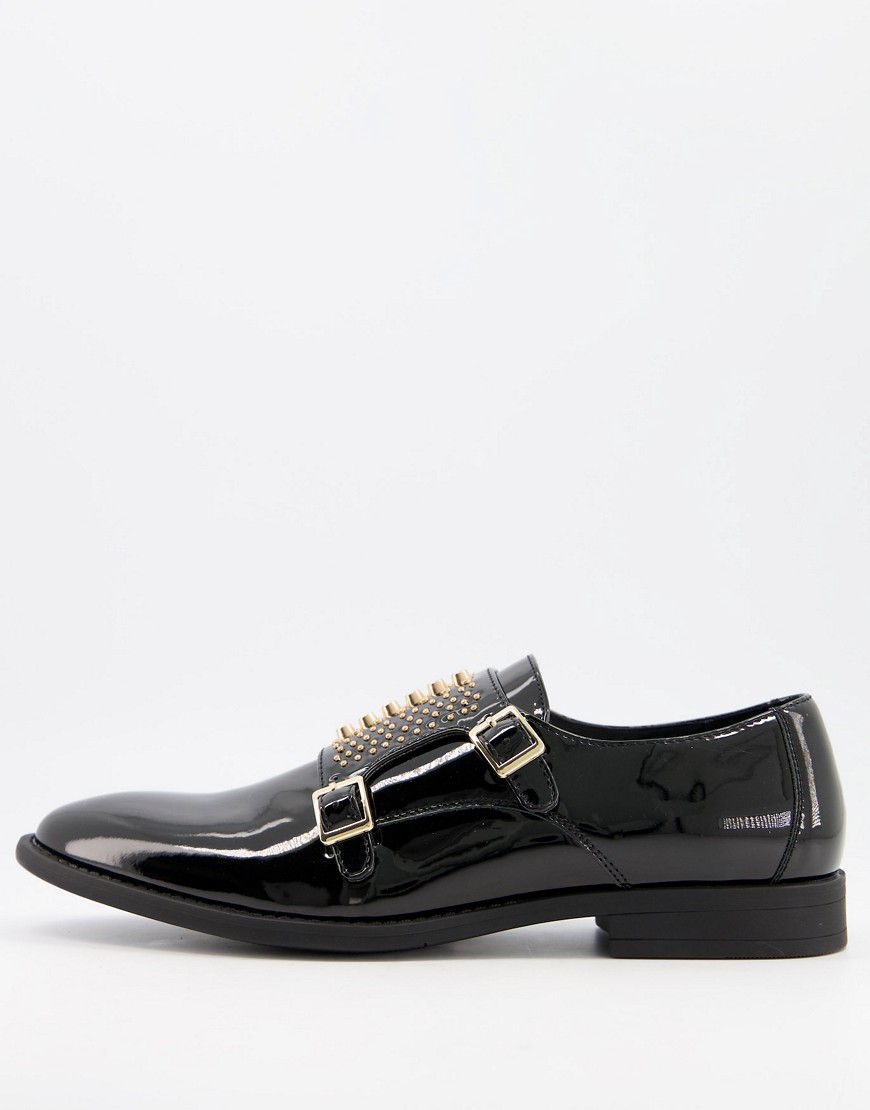 ASOS DESIGN monk shoes in black patent faux leather with gold studs