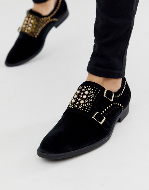 ASOS DESIGN monk shoes in black velvet with studding detail