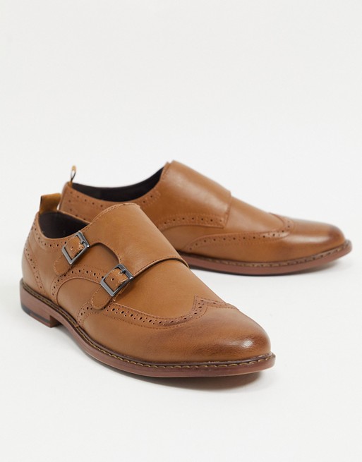 ASOS DESIGN monk shoes in brown faux leather with double strap