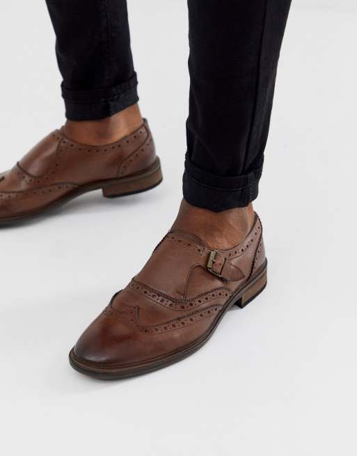 ASOS DESIGN monk shoes in brown leather with brogue detail