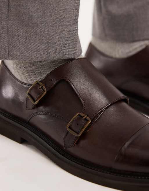 ASOS DESIGN monk shoes in brown leather