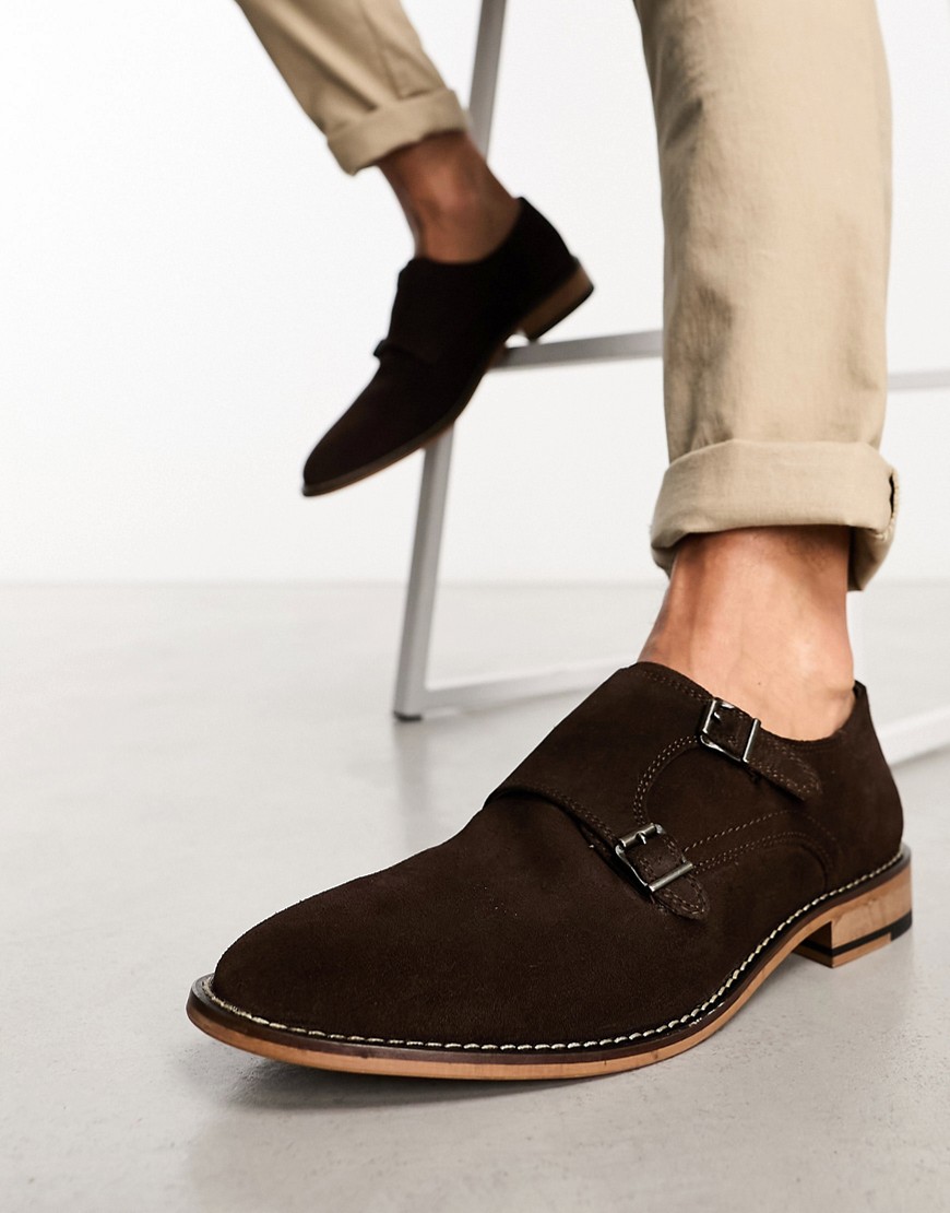 Asos Design Monk Shoes In Brown Suede With Natural Sole