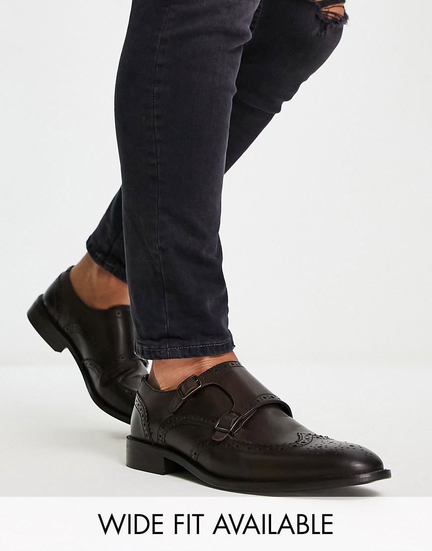 Asos Design Monk Shoes With Brogue Detail In Brown Leather