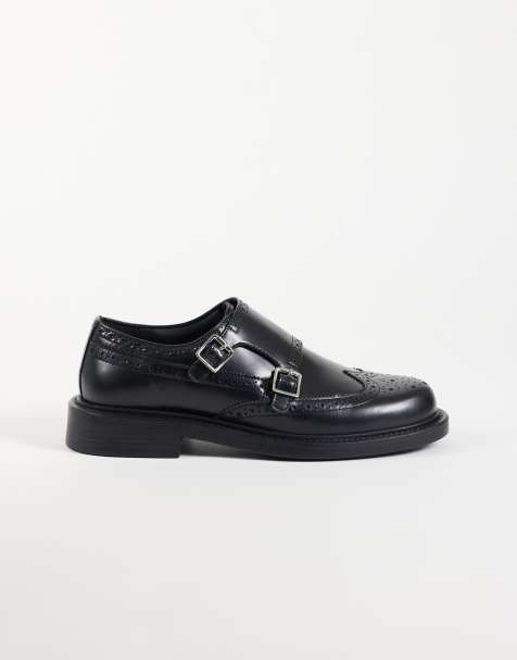 ASOS DESIGN monk shoes with broguing detail in black leather - view 1