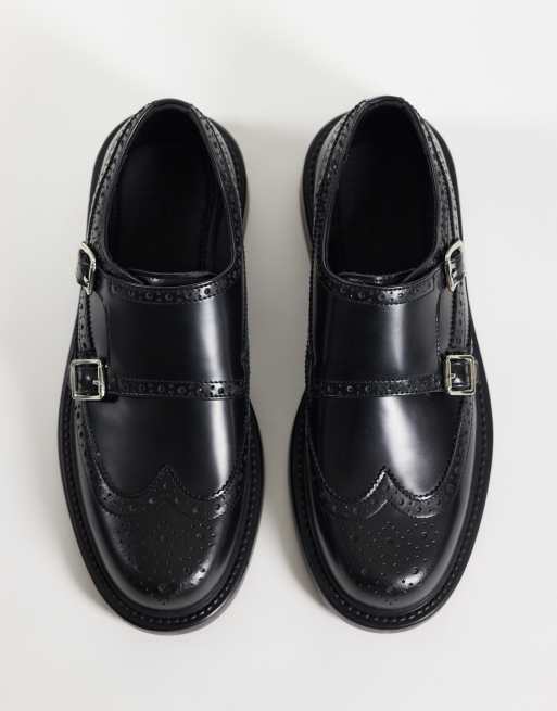 ASOS DESIGN monk shoes with broguing detail in black leather, 2 of 4