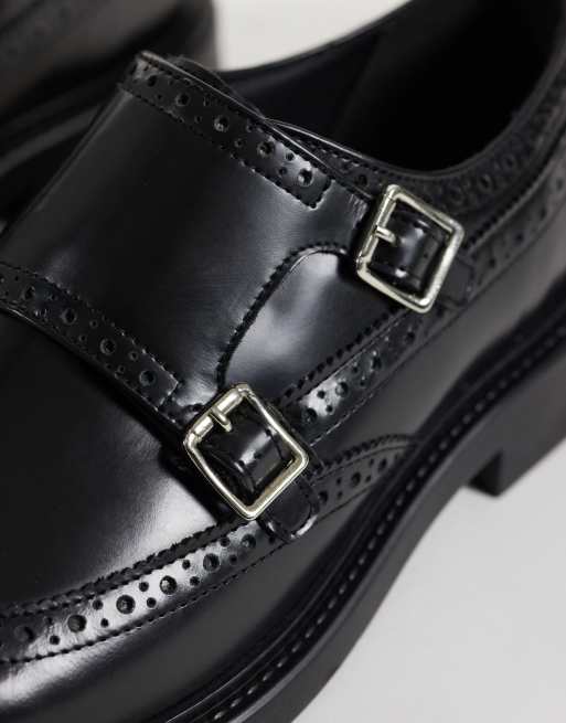 ASOS DESIGN monk shoes with broguing detail in black leather, 3 of 4