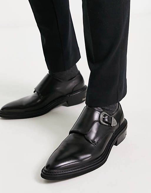 ASOS DESIGN monk shoes with western buckle detail in black faux leather ...