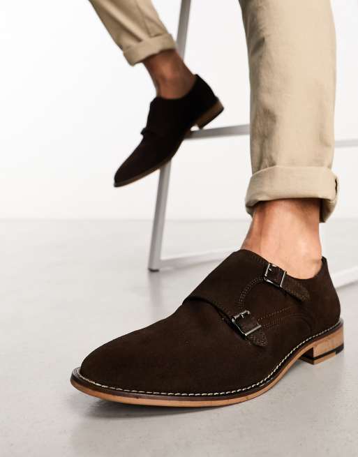 ASOS DESIGN – Monkschuhe aus braunem Wildleder mit naturfarbener Sohle