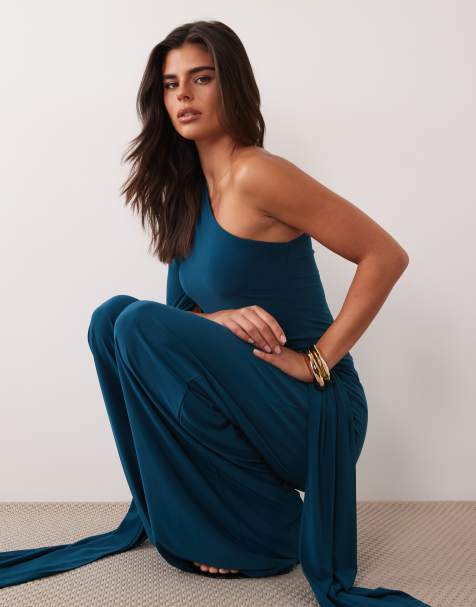 ASOS DESIGN mono asimétrico de un hombro con detalle de capa tipo faja y lazada en azul petróleo - view 1
